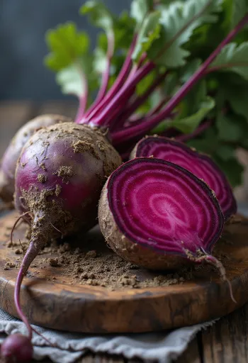 Beterrabas frescas com folhas verdes em mesa de madeira rústica