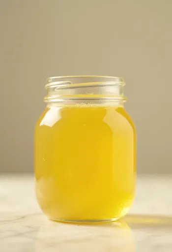 Ghee dourado em frasco de vidro com colher de pau, sobre superfície de madeira