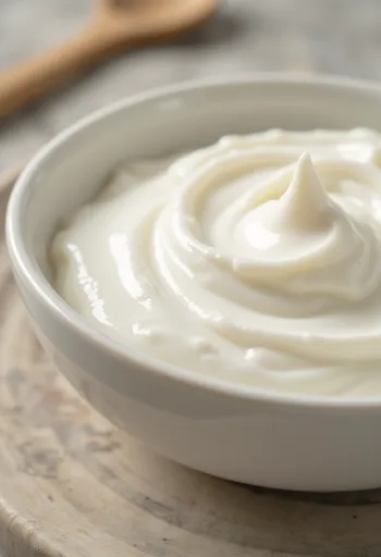 Iogurte natural em taça de vidro com colher, ambiente de cozinha