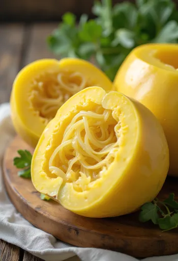 Abóbora-esparguete cortada, interior e fios semelhantes a esparguete visíveis