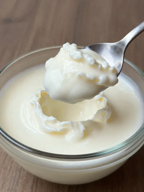 Leite coalhado em taça de cerâmica rústica, com colher e superfície ligeiramente separada