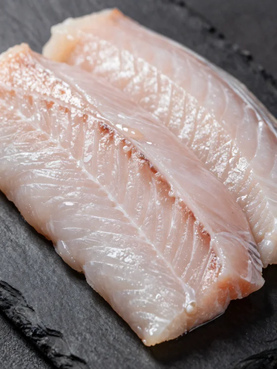 Filetes de anguia fresca com especiarias sobre tábua de madeira