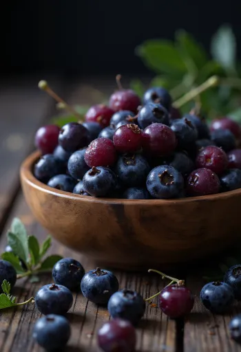 Bagas de arónia frescas e escuras, inteiras e cortadas