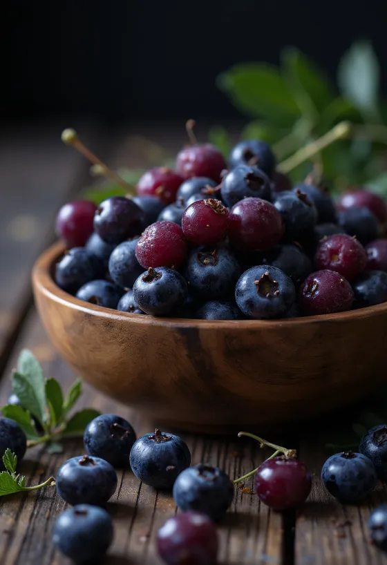 Bagas de arónia frescas e escuras, inteiras e cortadas