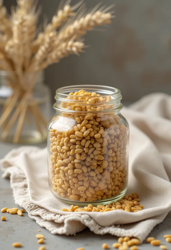 Farelo de cevada em taça de cerâmica e espalhado em superfície de madeira