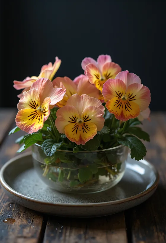 Flores de amor-perfeito comestíveis em prato branco, prontas para uso culinário