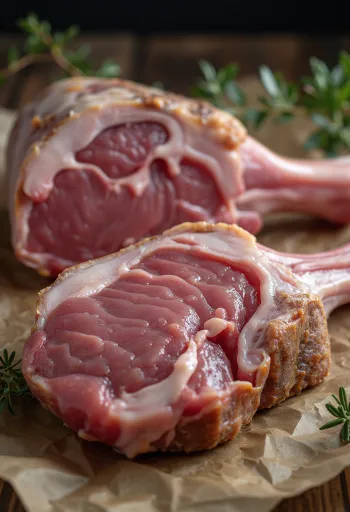 Carne de pá de borrego crua em superfície de madeira rústica sob luz natural