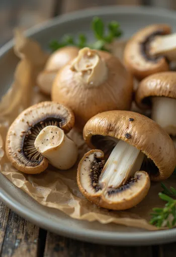 Cogumelos marron limpos e fatiados em tábua de cozinha