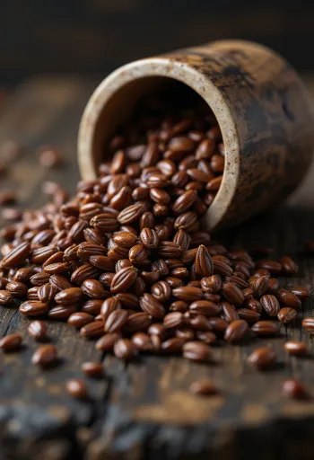 Sementes de linhaça castanha inteiras em taça e sobre madeira