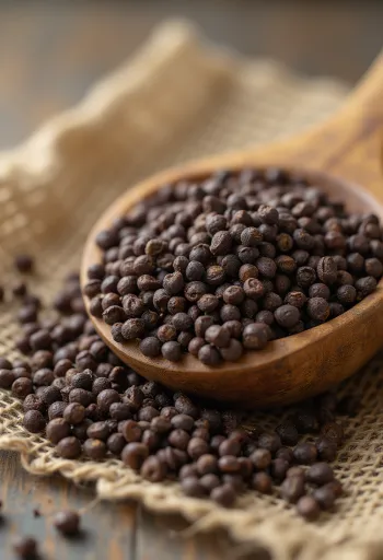 Sementes de mostarda castanha inteiras secas sobre superfície de madeira