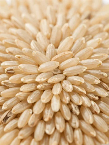 Grãos de arroz integral crus em taça rústica na bancada