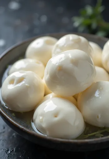 Mozzarella de búfala fresca em taça de cerâmica branca sobre mesa de madeira