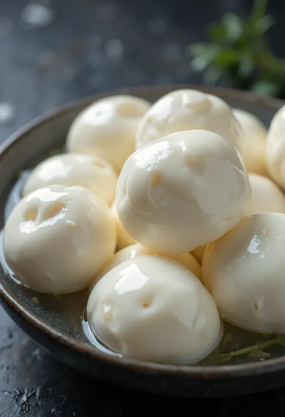 Mozzarella de búfala fresca em taça de cerâmica branca sobre mesa de madeira