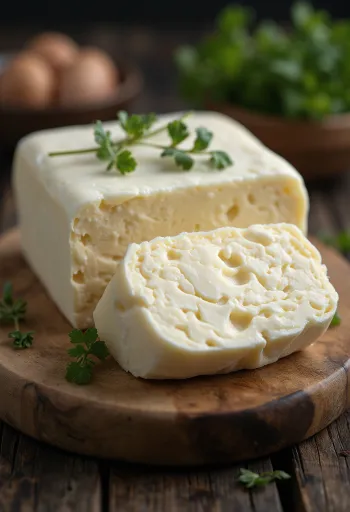 Manteiga de búfala em pequena taça de cerâmica, gordura cremosa de cor clara