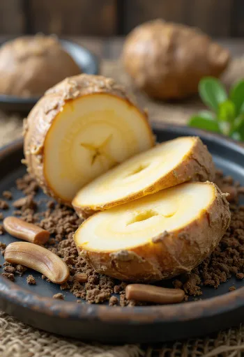 Raiz de bardana fresca, longa e castanha, parcialmente fatiada