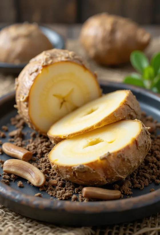 Raiz de bardana fresca, longa e castanha, parcialmente fatiada