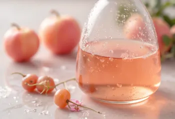 Vinagre de vinho em taça de vidro, rodeado de uvas tintas e brancas, mosto e mãe do vinagre