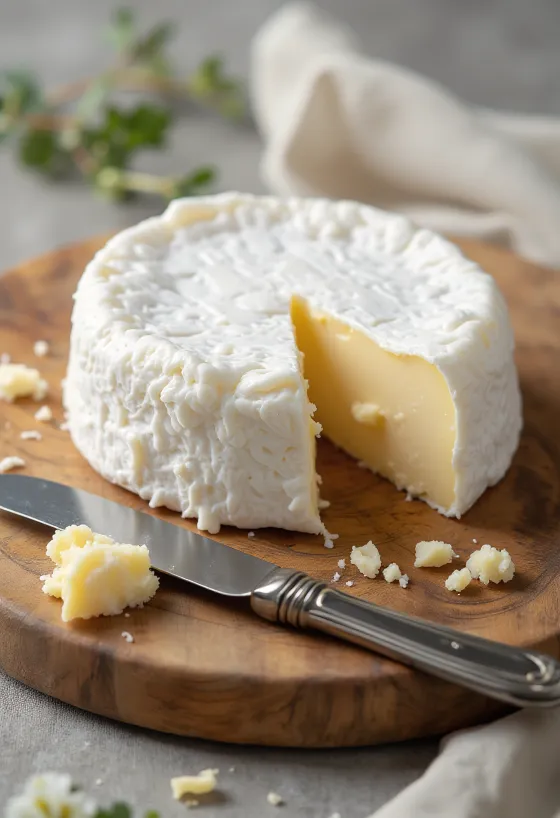 Queijo brie fatiado em tábua de madeira, interior cremoso