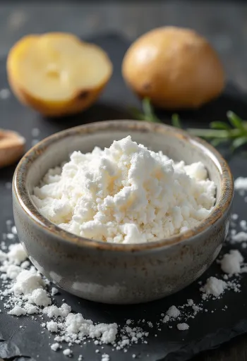 Fécula de batata em pó fino numa taça e colher de pau