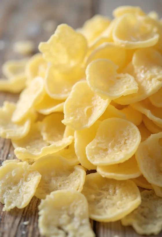 Flocos de batata desidratados em taça e colher de pau