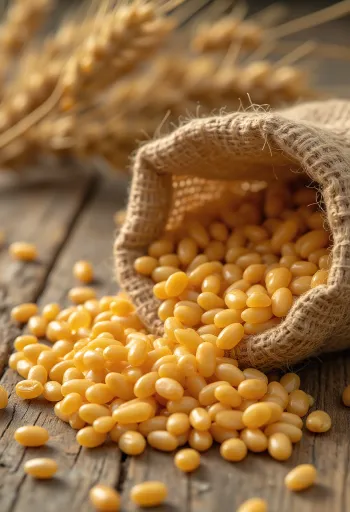 Grãos de trigo limpos em saco e espalhados sobre madeira