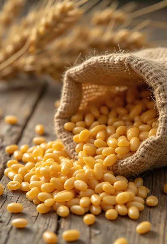 Grãos de trigo limpos em saco e espalhados sobre madeira