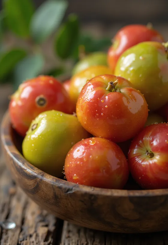 Bagas de Camu Camu frescas, inteiras e cortadas