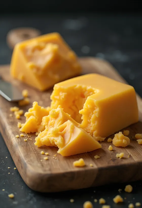 Queijo cheddar fatiado e em cubos sobre tábua de madeira
