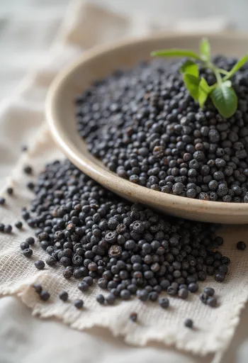 Sementes de chia preta espalhadas sobre fundo branco