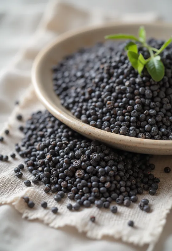 Sementes de chia preta espalhadas sobre fundo branco