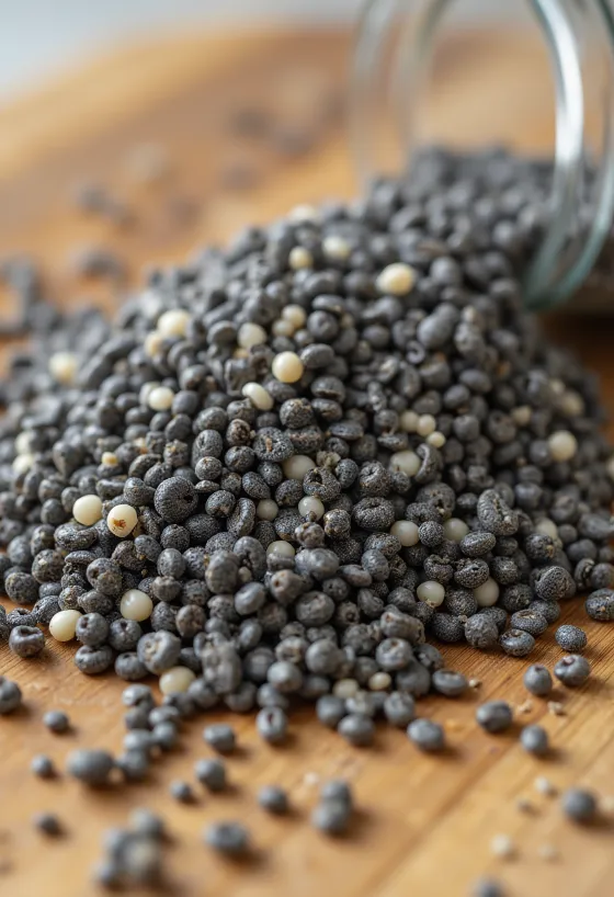 Sementes de chia em taça de madeira e colher, sobre superfície rústica