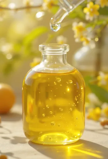 Óleo de chia em garrafa pequena com sementes de chia em taça de madeira