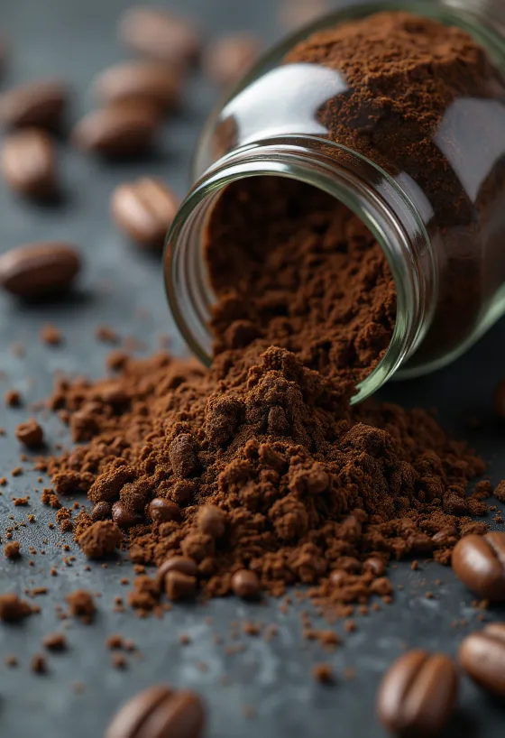 Grãos de chicória torrada e raiz seca em colher e taça de madeira