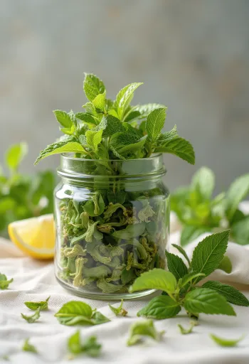 Erva-cidreira seca em taça e colher de pau, ambiente de cozinha
