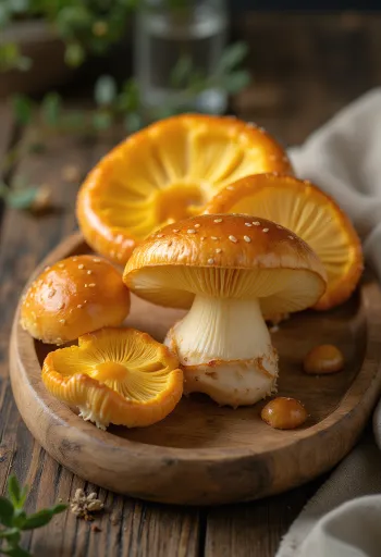 Amanita dos césares fatiada e limpa durante preparação culinária, em tábua de corte