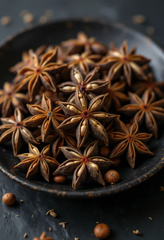 Estrelas de anis-estrelado secas sobre superfície de madeira