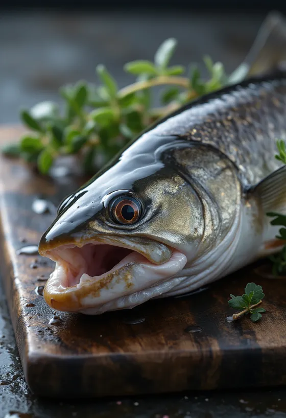 Filetes de lúcio frescos com limão, aneto e pimenta em tábua de madeira