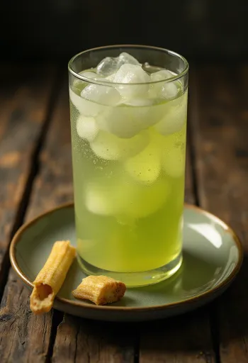 Copo com sumo de cana-de-açúcar fresco e pedaços de cana cortada