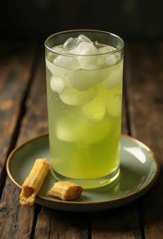 Copo com sumo de cana-de-açúcar fresco e pedaços de cana cortada