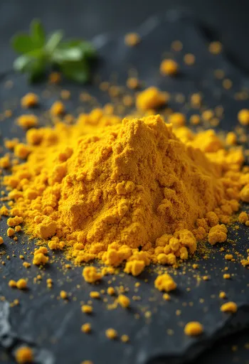 Pó de caril espalhado em bancada rústica e em taça