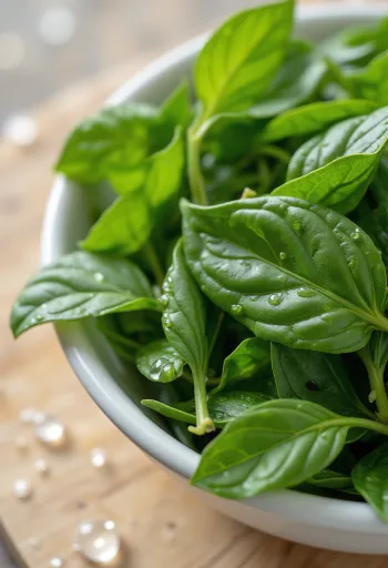 Folhas de caril frescas sobre madeira, algumas picadas em taça