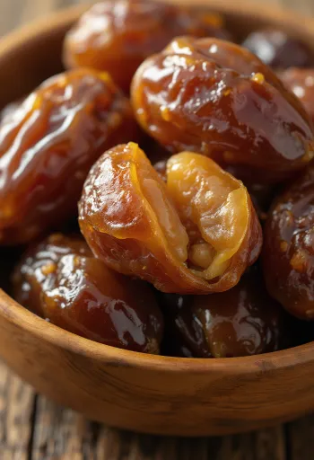 Tâmaras secas e frescas em superfície de madeira, cortadas e inteiras com caroço