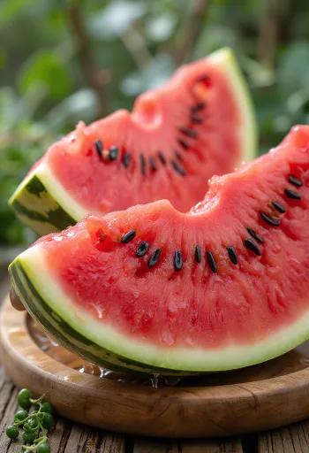Melancia fresca cortada com polpa vermelha e sementes pretas em superfície de madeira