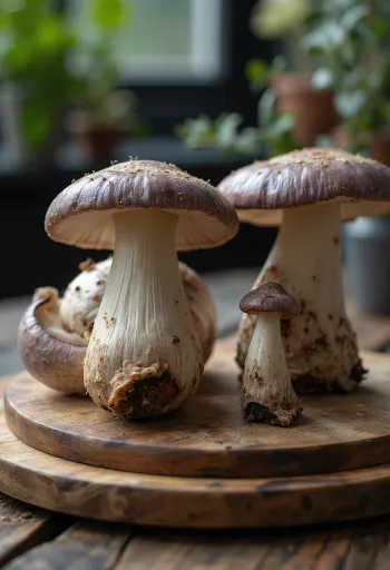 Rússula fatiada e limpa em tábua de corte, ambiente de cozinha