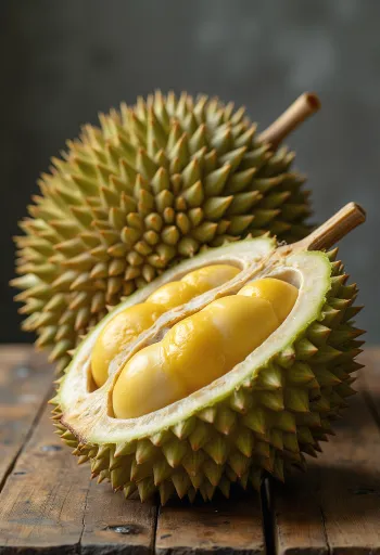 Fruta durião inteira e cortada com casca espinhosa e polpa cremosa