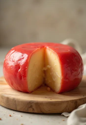 Queijo Edam fatiado com revestimento de cera vermelha em tábua de madeira