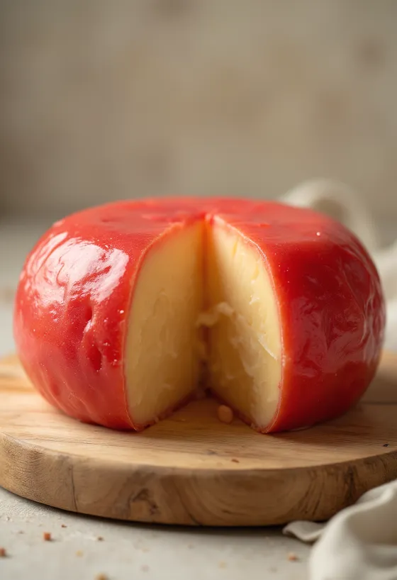 Queijo Edam fatiado com revestimento de cera vermelha em tábua de madeira