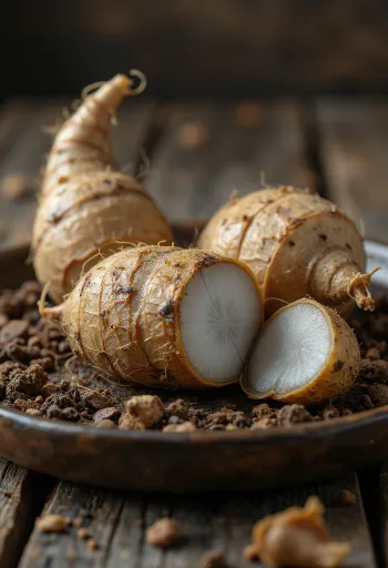 Inhame Eddoe cru com pele texturada e interior firme