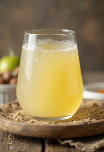 Taça de vidro com soro de leite doce e garrafa em ambiente rústico