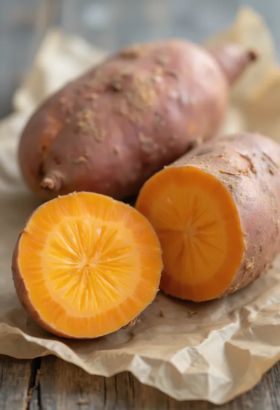 Batata-doce inteira e cortada sobre tábua de madeira rústica